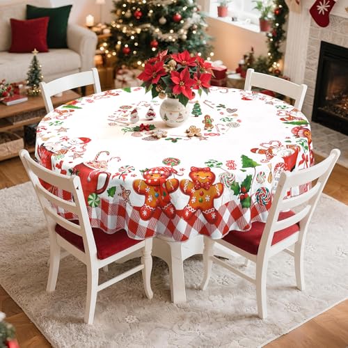 Christmas Round Tablecloth 61 Inch, Gingerbread Candy Cane Print