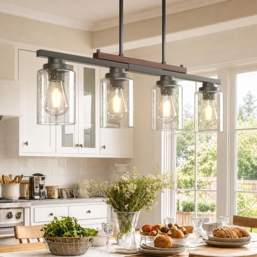 Amico 4-Light Seeded Glass Kitchen Island Chandelier - Modern Farmhouse Pendant Lighting