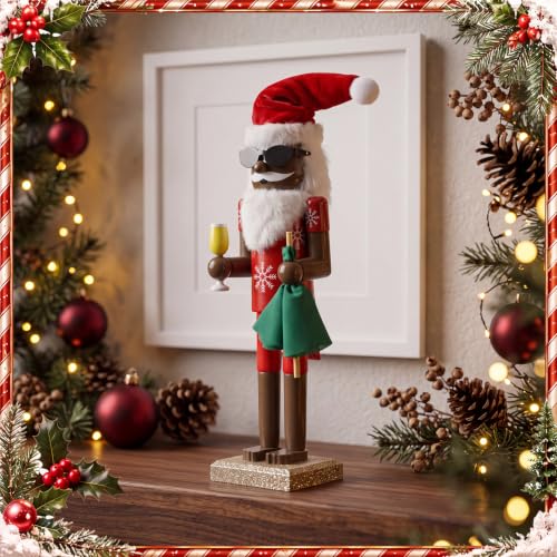 15 Inch Black African American Santa Nutcracker Christmas Decor - Wooden Tabletop Ornament