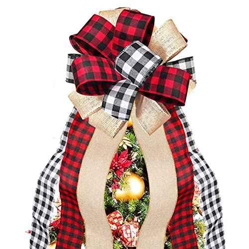 Christmas Tree Topper Buffalo Plaid Decorative Bow,Handmade Farmhouse Large Door Bows Banister Bow Christmas Bows for Holiday Home Decor