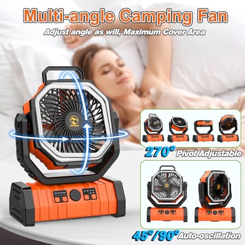 Orange 20000mAh Rechargeable Camping Fan with LED Lantern & Remote Control