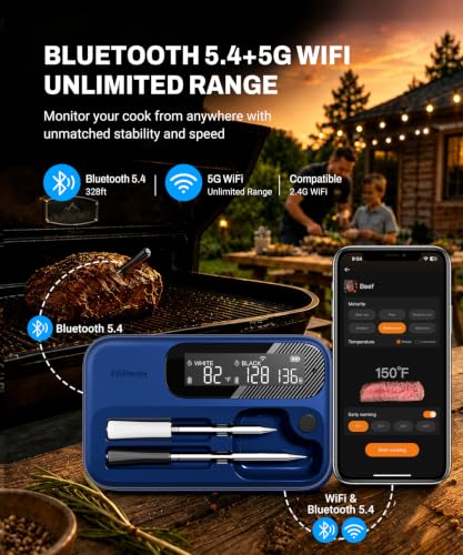 Wireless Meat Thermometer with Dual Probes, Bluetooth & WiFi App Control, Waterproof BBQ Grill Thermometer
