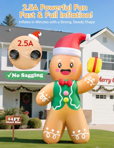 14FT Christmas Inflatable Gingerbread Man Outdoor Yard Decor with LED Lights & Dual Blowers