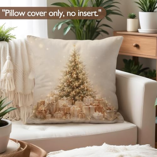 Lengues Xmas-4 Vintage Golden Christmas Tree Pillow Cover 18x18 Inches