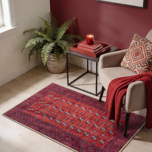 Keen Home Design Vintage Washable Entryway Rug 2x3 Burgundy Non-Slip Low Pile