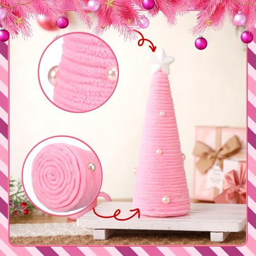 Pink Christmas Mini Yarn Tree Decorations Set - 6pcs Holiday Table Decor