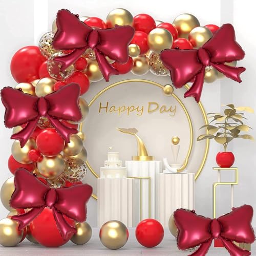 Burgundy Red Bow Balloons 6pc Matte Metallic Bow Tie Foil Balloons (Variation: Burgundy Red) - Party Era