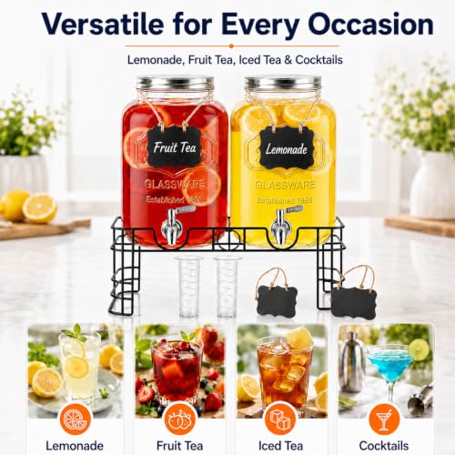 2 Gallon Glass Drink Dispensers with Stand - 2 Pack for Parties & Events