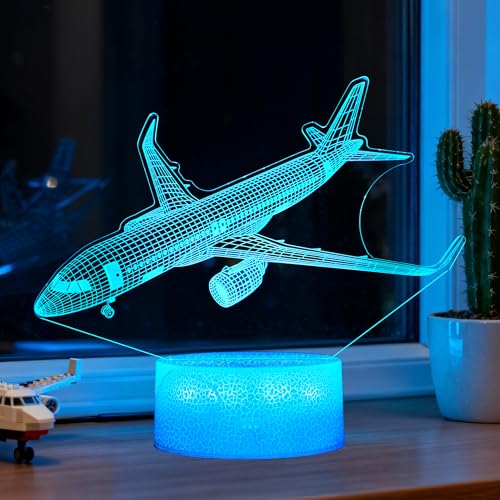 Airplane Night Light, Plane Gifts, Aviation 3D Illusion Night Light with 16 Colors Changing, Remote Control with Timer, Kids Room Decoration for Holiday Birthday Christmas