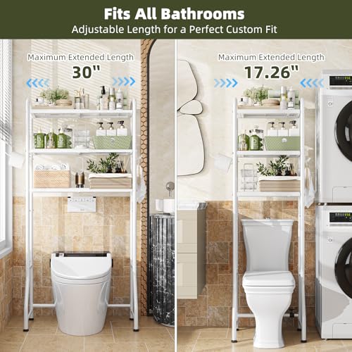 White Expandable Over-the-Toilet Storage Rack with 3 Shelves & Hooks