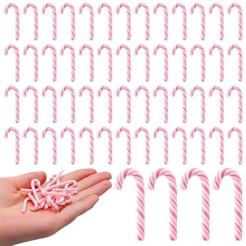 Giegxin 60 Pcs Christmas Mini Candy Canes for Crafts Plastic Candy Cane Ornaments Charms Decor Christmas Miniatures for Craft for Tree Hanging DIY Xmas (Pink and White)