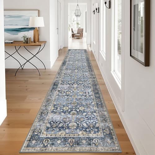 KUTA Vintage Washable Long Runner Rug 2.6x12 ft Blue Grey Beige Non-Slip for Hallways
