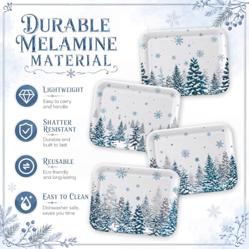 White Winter Holiday Serving Trays Set of 4 Melamine Platters for Xmas & Parties