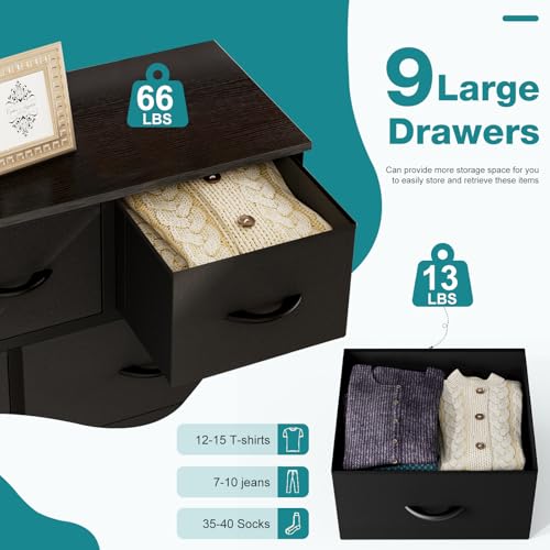 9 Drawer Black Dresser for Bedroom Closet Storage Tower - 39.4 x 11.8 x 39.9 Inches