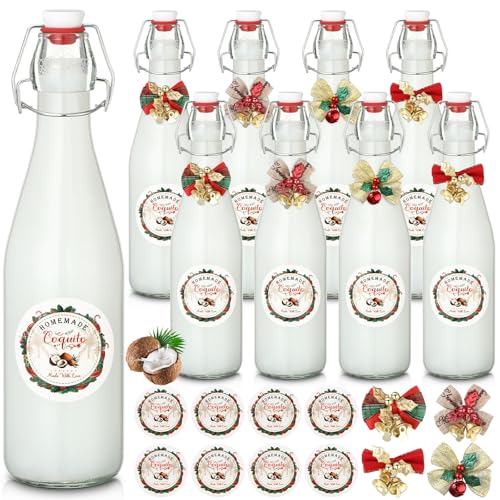 DoubleFill Christmas 8-Pack Flip Top Glass Bottles 16oz for Homemade Beverages