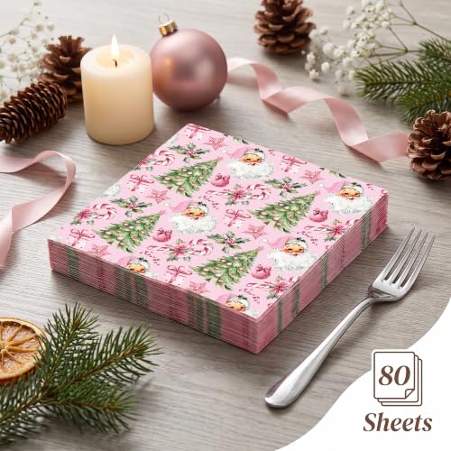 Pink Santa Paper Napkins 80 Sheets Christmas Disposable Party Tableware