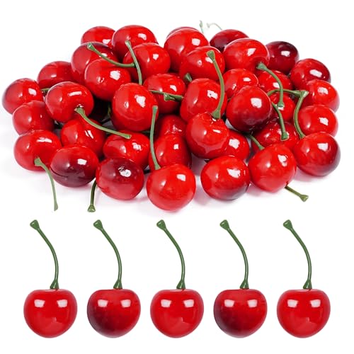 jiebor 60Pcs Fake Cherries Artificial Plastic Faux Fruit Ornament for Birthday Party Decoration Photography Props Kitchen Home Market Display