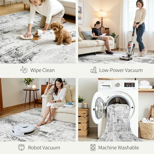 6x9 Large Washable Abstract Area Rug - Soft Non-Slip Living Room Carpet - White Grey Black, Rectangular