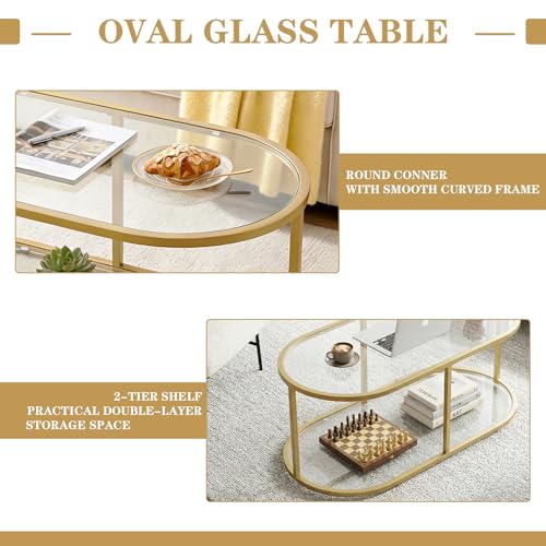 Gold 2-Tier Oval Coffee Table - Modern Glass & Metal Living Room Accent