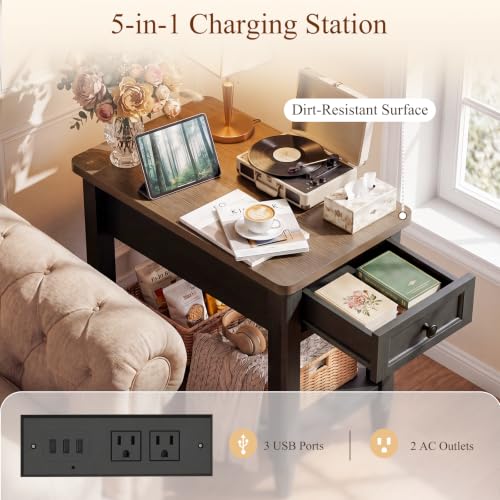 Foxemart Narrow Side Table with Charging Station, Black & Cracked Oak, 14-inch Wide