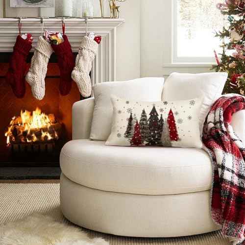 RABUSOFA Christmas Pillow Cover 12x20 Inch Indoor Outdoor Waterproof Merry Christmas Tree Stars Snowflake Decoration Holiday Winter Holiday Pillow Case for Couch Decor Gray and Red
