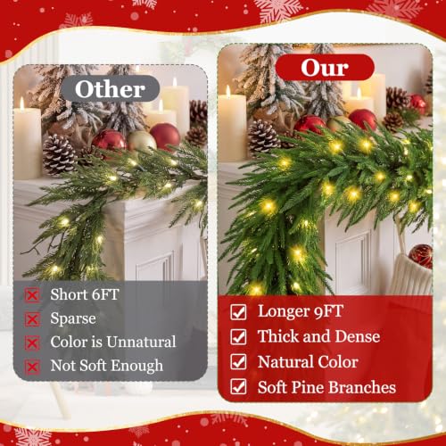 9 ft Real-Touch Norfolk Pine Christmas Garland, Prelit with 3 Light Modes