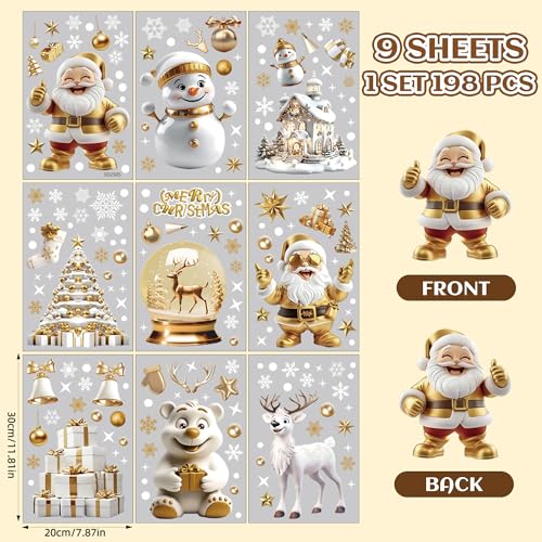 198pcs 3D Gold Christmas Window Clings for Glass Windows, White Snowflake Santa Claus Double-Sided Reusable Holiday Window Stickers for Home,Cafe,Mall Glass Door,Office,Party Christmas Decorations