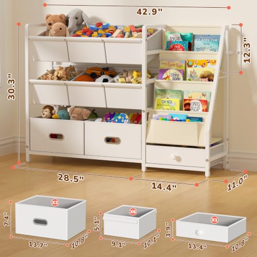 Kids Toy Storage Organizer with 9 Bins - Montessori Toddler Bookshelf & Playroom Storage