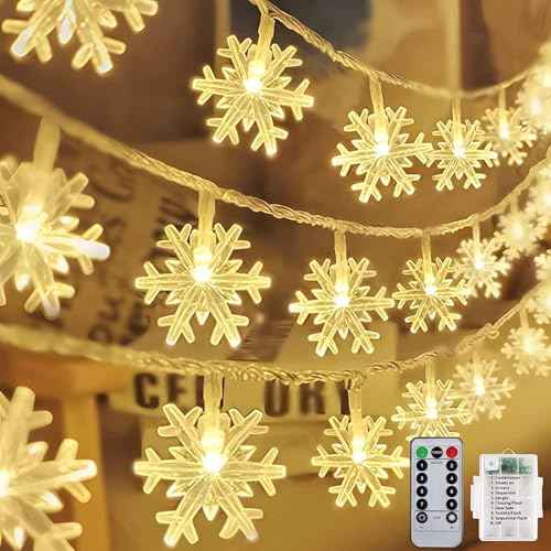 Christmas Snowflake Lights, 20ft 40LED 8 Modes & Timer Battery Operated Snowflake Decorations with Remote Control, Fairy Lights for Indoor Outdoor Holiday Party Decorations