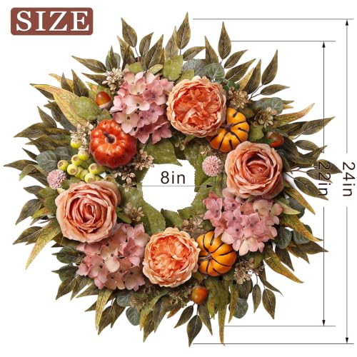 24 Inch Fall Artificial Hydrangea Pumpkin Wreath for Front Door Decor