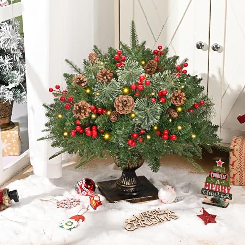 Waipfaru 26-Inch Outdoor Prelit Planter Bushes with Cones & Red Berries - Light Green 2 Pack