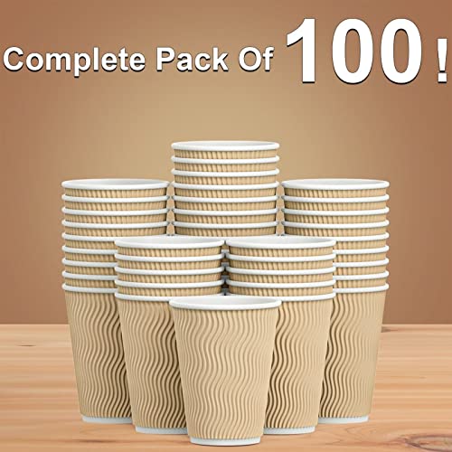 Luckypack 12oz Disposable Insulated Corrugated Coffee Cups - 100 Pack, Brown