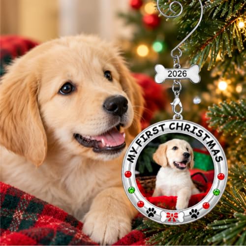 BANBERRY DESIGNS My First Christmas Dog Photo Ornament Set of 2 (2026) – Includes 2 Storage Bags, Non-Customized