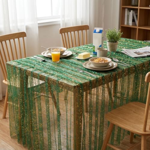 Emerald Green Metallic Foil Gauze Table Cloth 57x120 Inch Rectangular Decor