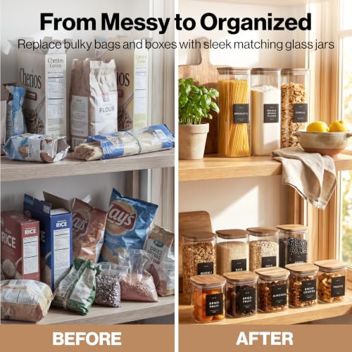 Glass Pantry Storage Jars with Acacia Lids & Labels - Black Labels 5 Pack