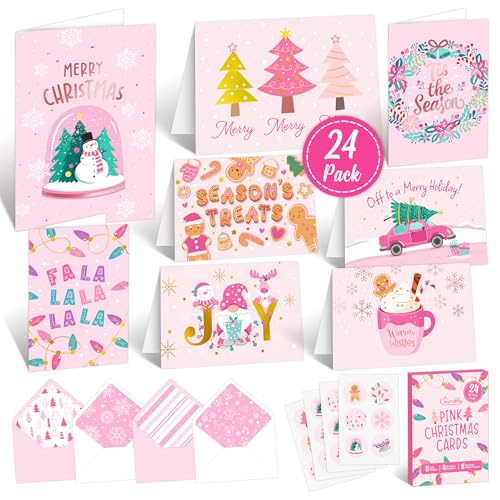 Pink Foiled Christmas Cards 24-Pack with Envelopes 6x4in