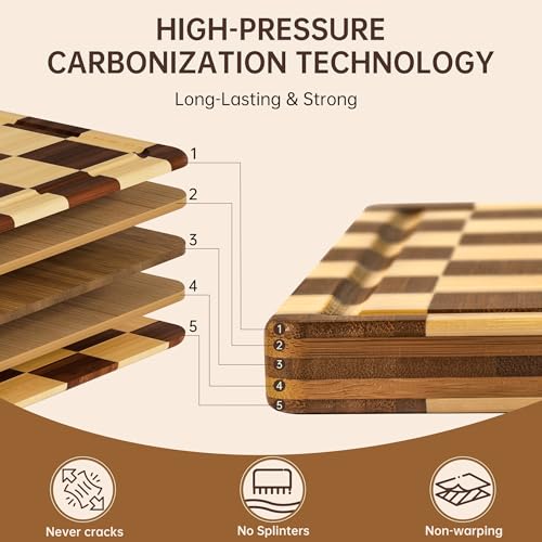 Checkered Bamboo Cutting Board Set - 3 Piece Kitchen Chopping Boards with Holder