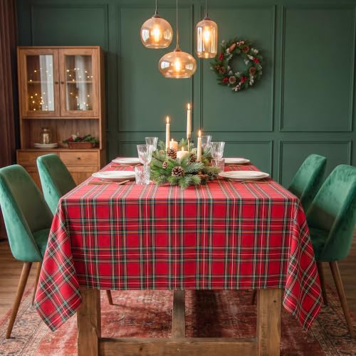 LOSIVISHE Christmas Plaid 144" x 60" Waterproof Tablecloth - Red Check Holiday Table Cover