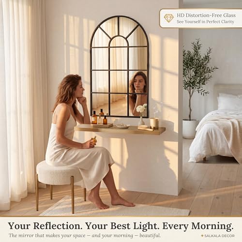 Black Arched Window Mirror 32x20 Inches - Farmhouse Wall Decor for Living Room & Entryway