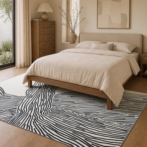 Modern Lines Beige 5x7Ft Abstract Washable Rug - Non-Slip Area Rug for Living Room Bedroom Nursery