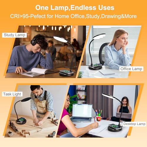 Wireless Charging Desk Lamp - Black, 800LM, CRI95+, Touch Dimming & 10W QI Charger