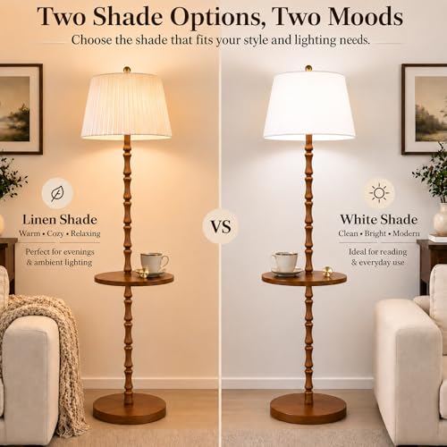 Wood Floor Lamp with Built-in Tray, Remote, Dimmable & 3 Color Temperatures - Light Walnut - Adjustable & Easy Setup