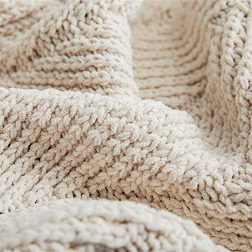 51x63 Inch Knit Throw Blanket with Pom Poms - Super Soft Warm Cozy Couch & Sofa Accessory Beige Apricot - VCTOPS