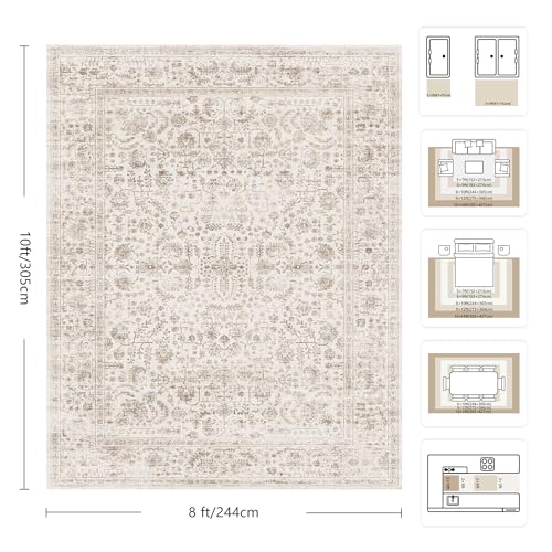 C-Light Brown 8x10 Area Rug - Washable Vintage Floral Non-Slip Carpet for Living Room