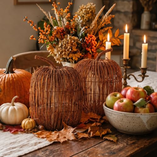 Artificial Wicker Pumpkin Decor Set - 12 x 10 Inches Farmhouse Fall Decor (2 Pieces)
