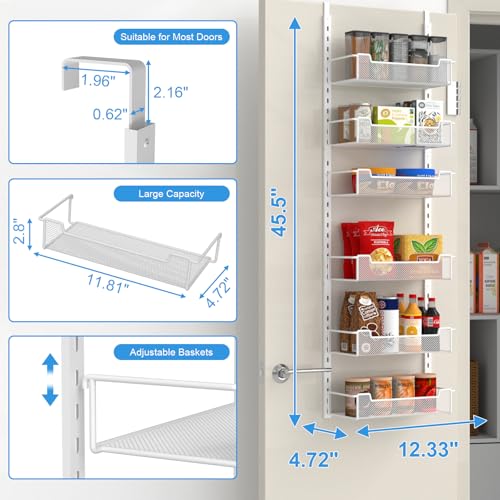 White Over the Door Pantry Organizer - 6-Tier Adjustable Basket Storage Rack