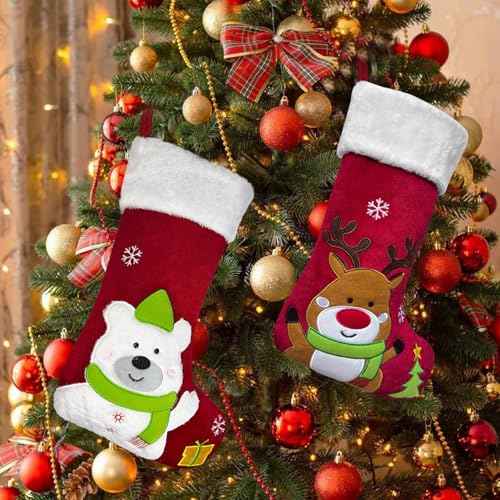Reindeer Christmas Stocking Animal One Piece, 20 inch Plush Velvet 3D Deer Christmas Stockings with Embroidered Snowflake, Cute Xmas Stockings for Kids Girls Boys (Brown Deer)
