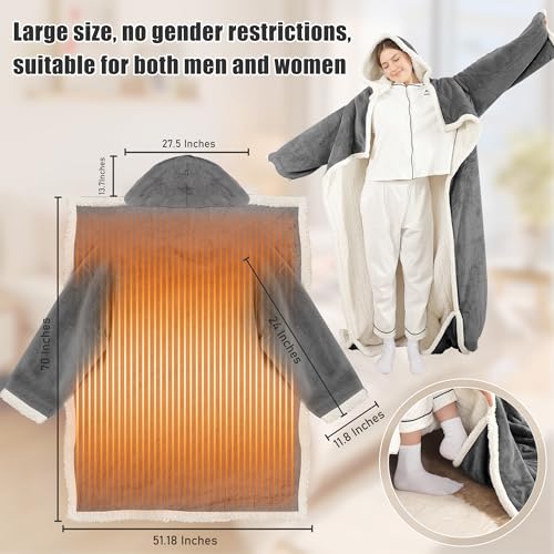 Wearable Heated Blanket with Foot Pocket & Hood - 50x70 Dark Gray, 6 Heat Settings, Auto Shut-Off, Machine Washable