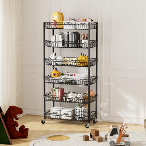 Black 6-Tier Metal Wire Shelf with Wheels - Narrow Closet & Pantry Storage Unit