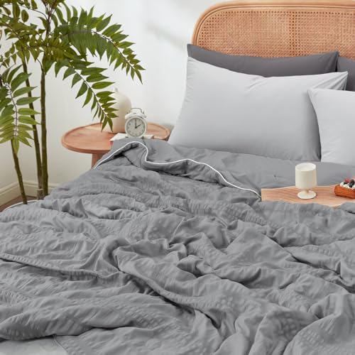 King Size Reversible Cooling Comforter with Seersucker & Silky Sides - Dark Grey